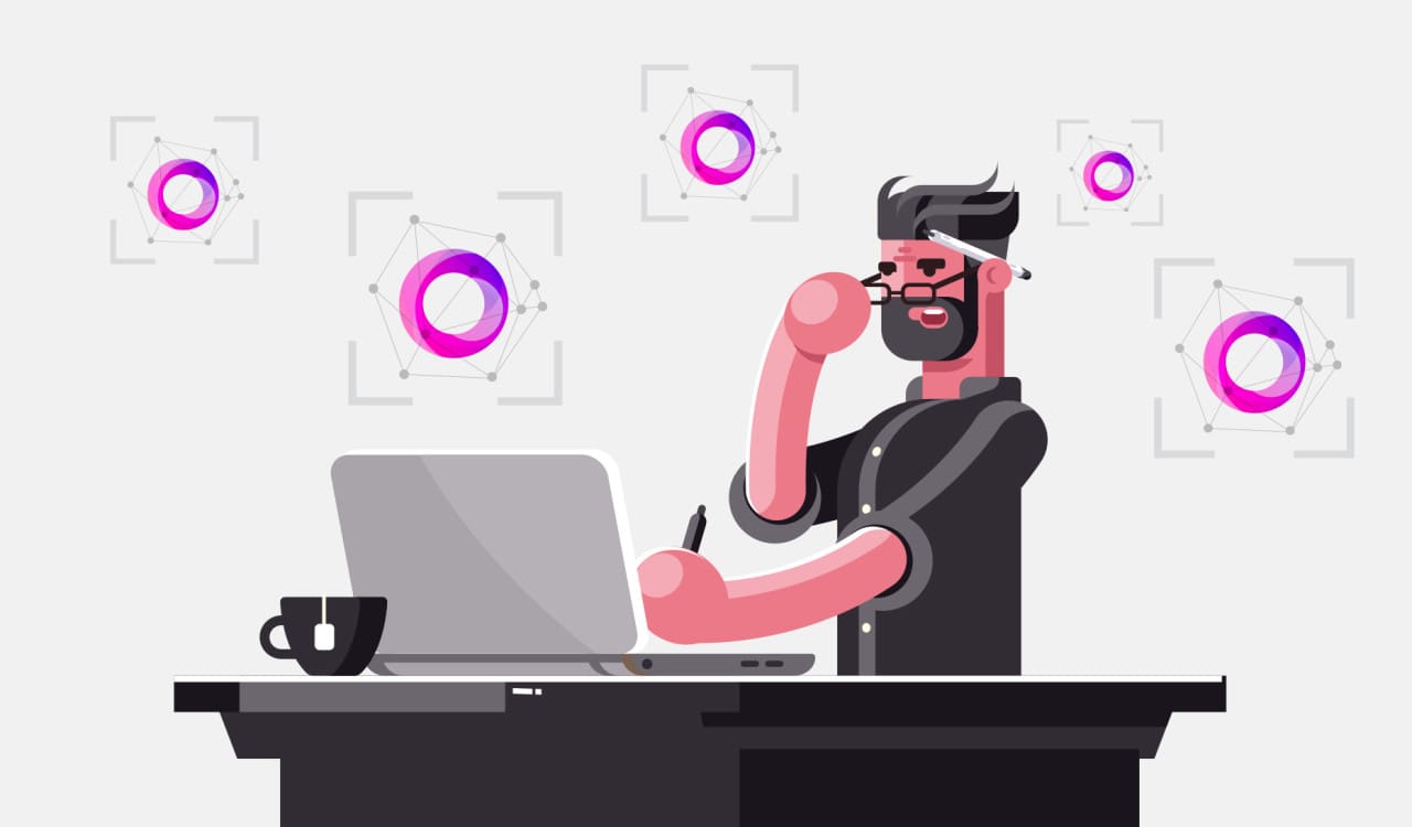 illustration of man at desk using logo recognition software